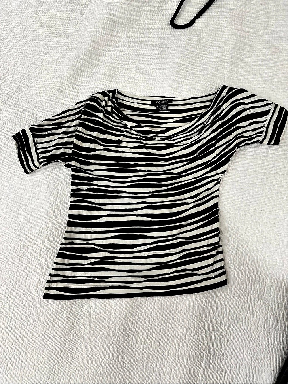 ETCETERA Striped Short Sleeve Top in Black & White Size Medium